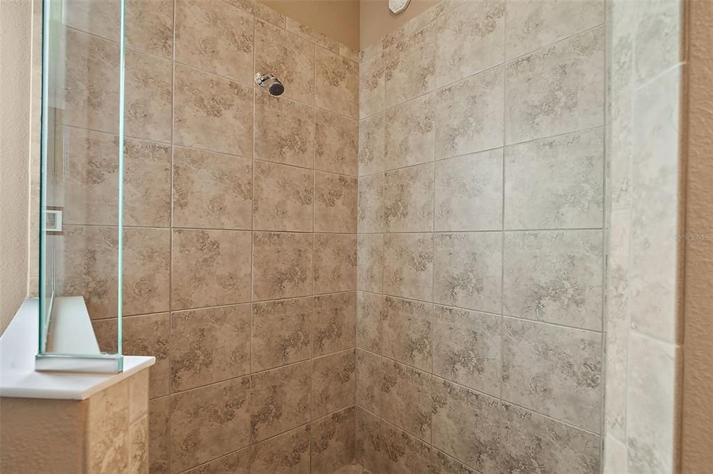 Owner's zero-entry walk-in ceramic tiled shower