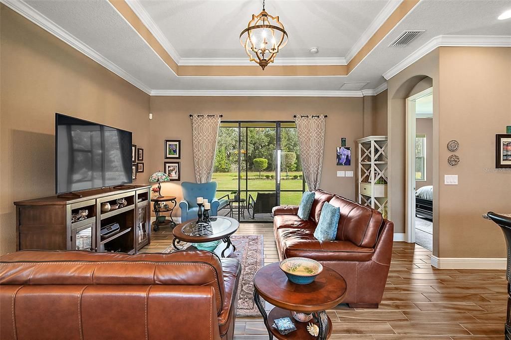 The living room is 17 x 15  and has a 10-foot decorative trey ceiling.