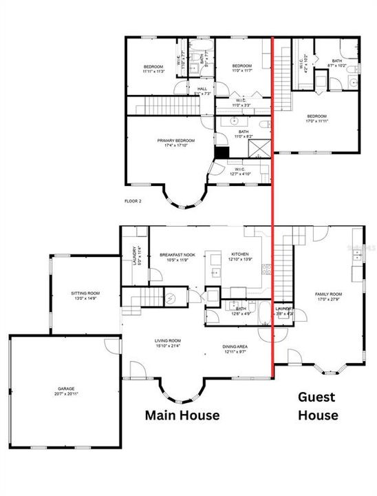 The main house entryway is on the left of the red line, the mother-in-law suite or guest suite entryway is on the right of the red line.