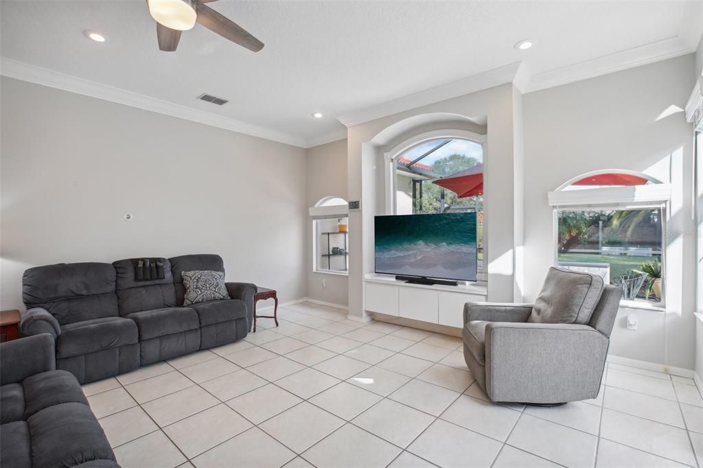 The family room with backyard views.