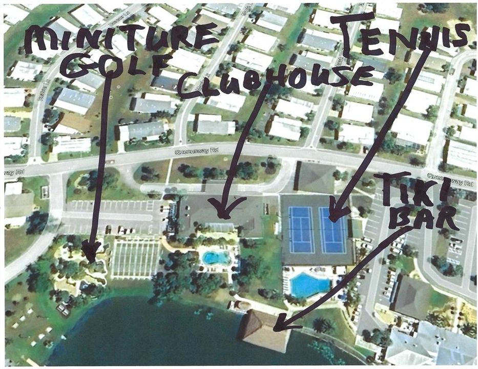 Kiddie pool is the small one in the center of this complex.  Shuffleboard is between the miniature golf and that small pool.