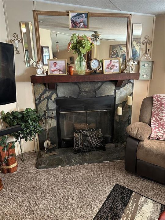 Family room with wood fireplace.