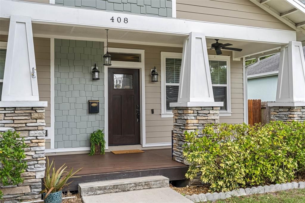 Custom-built columns, with hardie siding, and gorgeous exterior lighting.