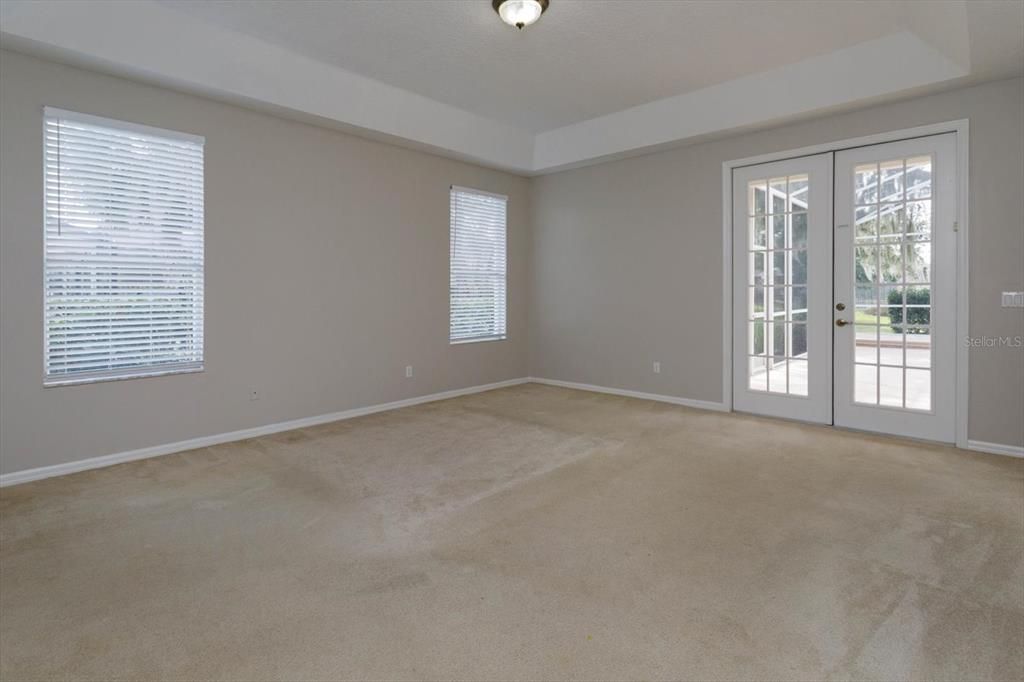 Downstairs primary bedroom with tray ceiling and new blinds