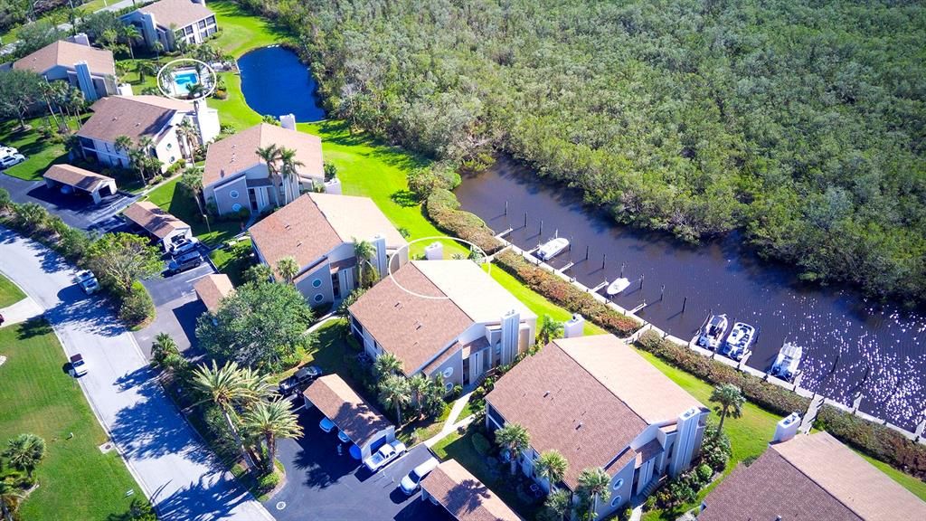 Aerial highlighting home and pool