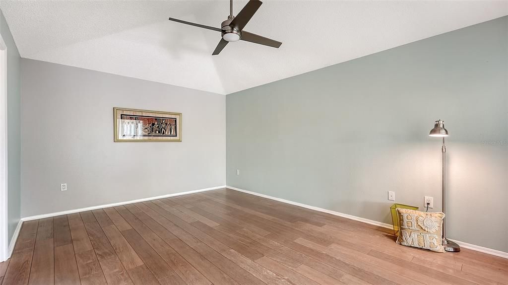 The primary bedroom is large enough for Kingsized furniture.