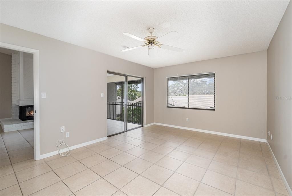 You can see out to the fireplace from the primary bedroom.