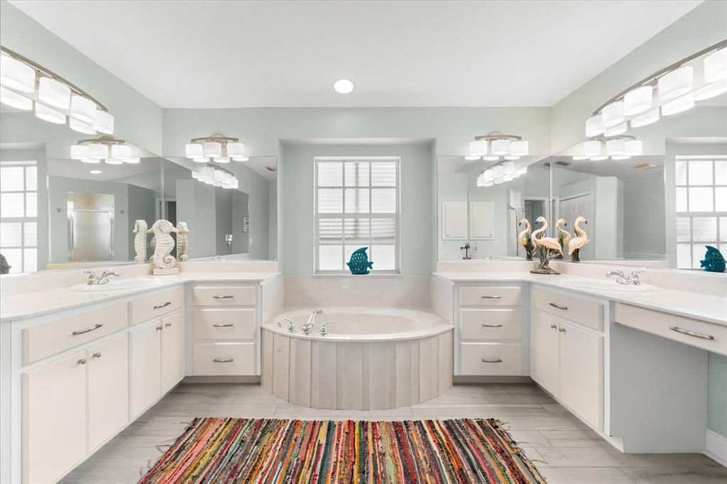 Large Ensuite with Double Vanities Stone Countertops