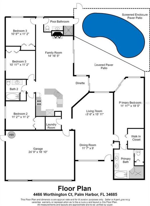 Floor Plan, 4 Bed, 3 Bath, 3 Car Garage Pool home on Pond and Preserve for sale