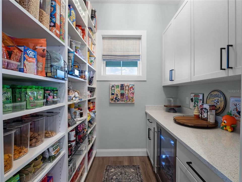 Look at this pantry with wine fridge and so much storage