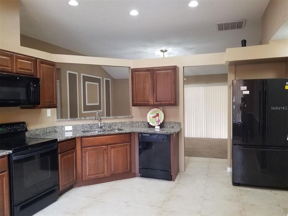 Your kitchen - Granite counters, wood cabinets, pretty pass-thru to the Family Room and view of the back yard