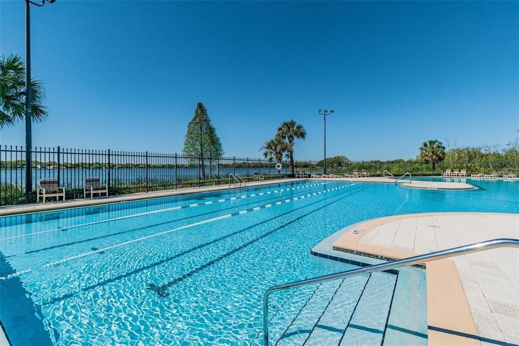 Swimming lanes in large lakefront pool at clubhouse