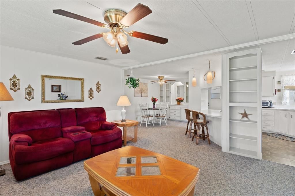 Living room off kitchen and dining area