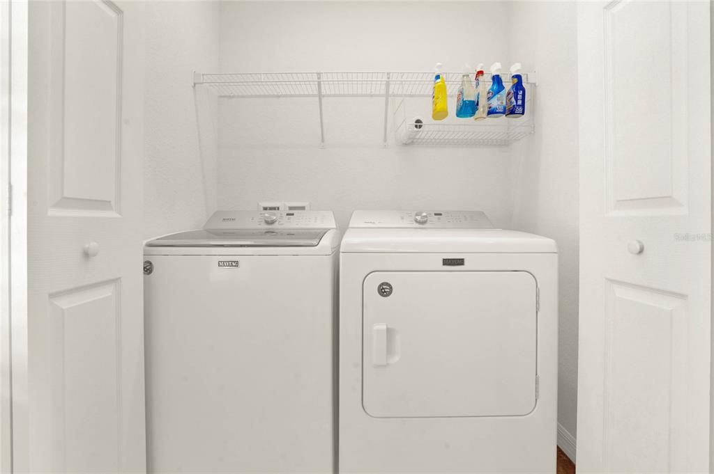 Laundry Pantry with Washer, Dryer and Shelf