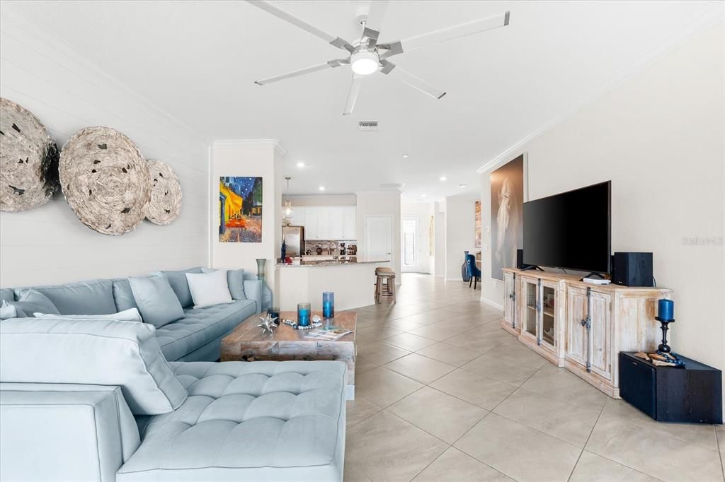 Living Room with large upgraded ceiling fan.