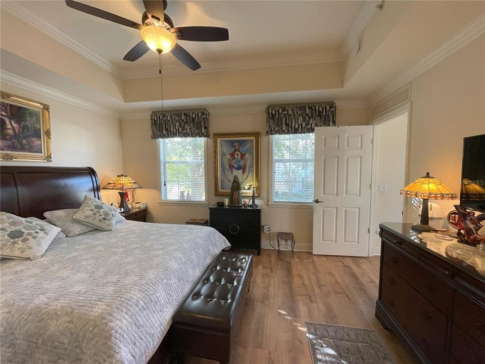 Ceiling fan and windows in primary suite