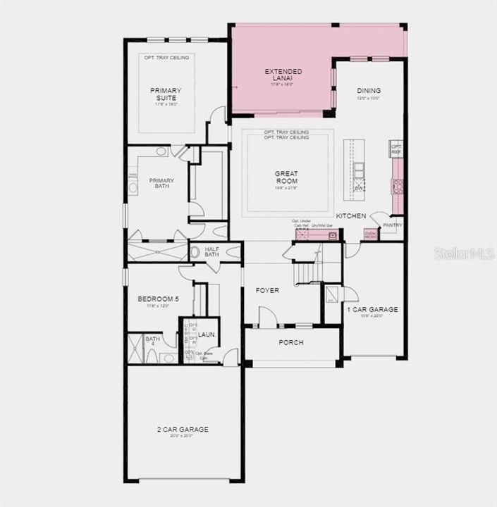 First Floor Plan - Structural options added include: tray ceiling package, extended cover lanai with an outdoor kitchen rough-in, wet bar added to the great room, gourmet kitchen, walk-in shower to bathroom 2 and walk-in shower to bathroom 3