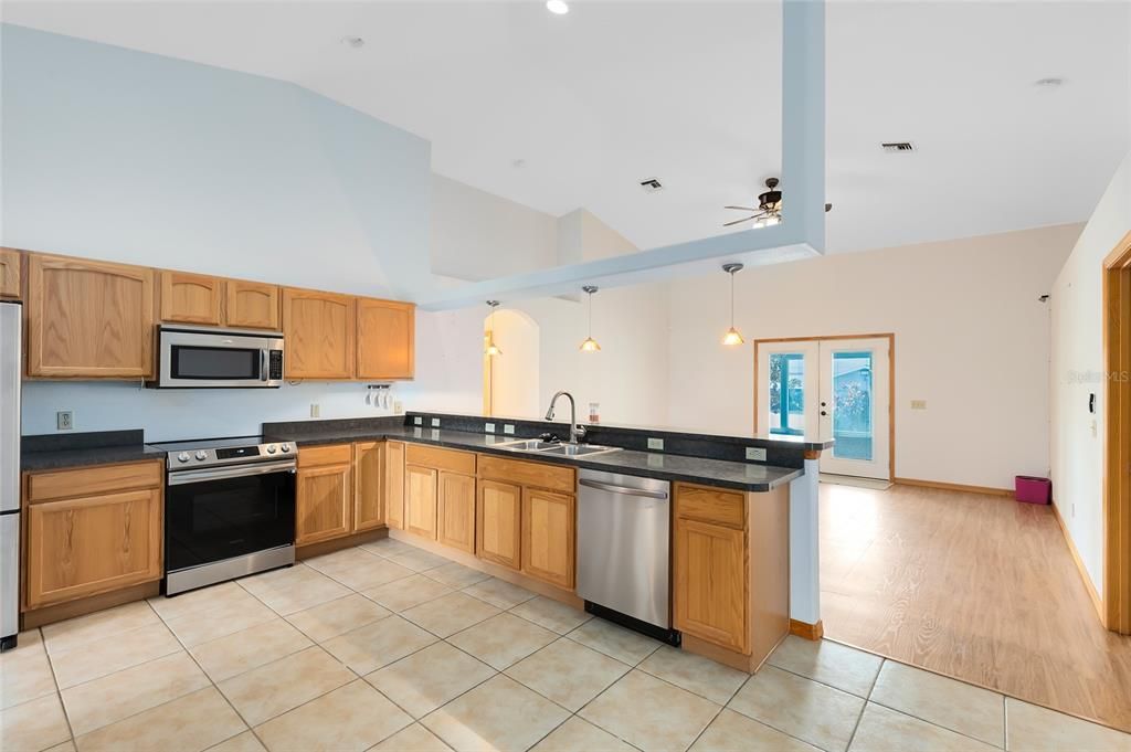 Kitchen overlooking family room