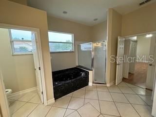 spa-like bathroom featuring a walk-in shower, a Jacuzzi tub, and dual sinks.