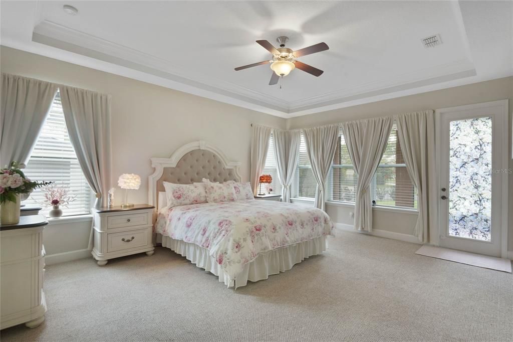 Primary Bedroom first floor, tray ceiling, door to screened patio and backyard