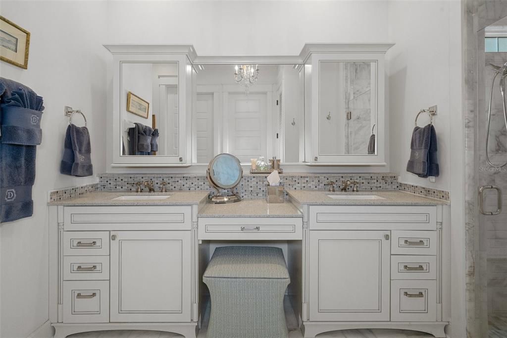 Primary bath with double sinks and dressing table