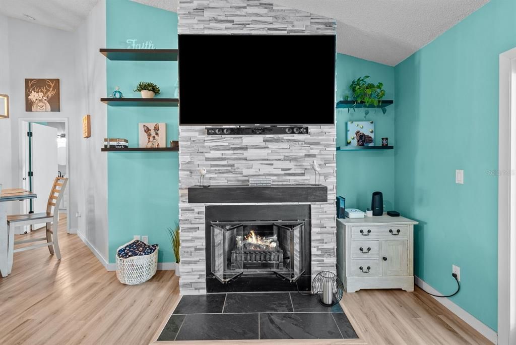 Gorgeous stonework around the fireplace