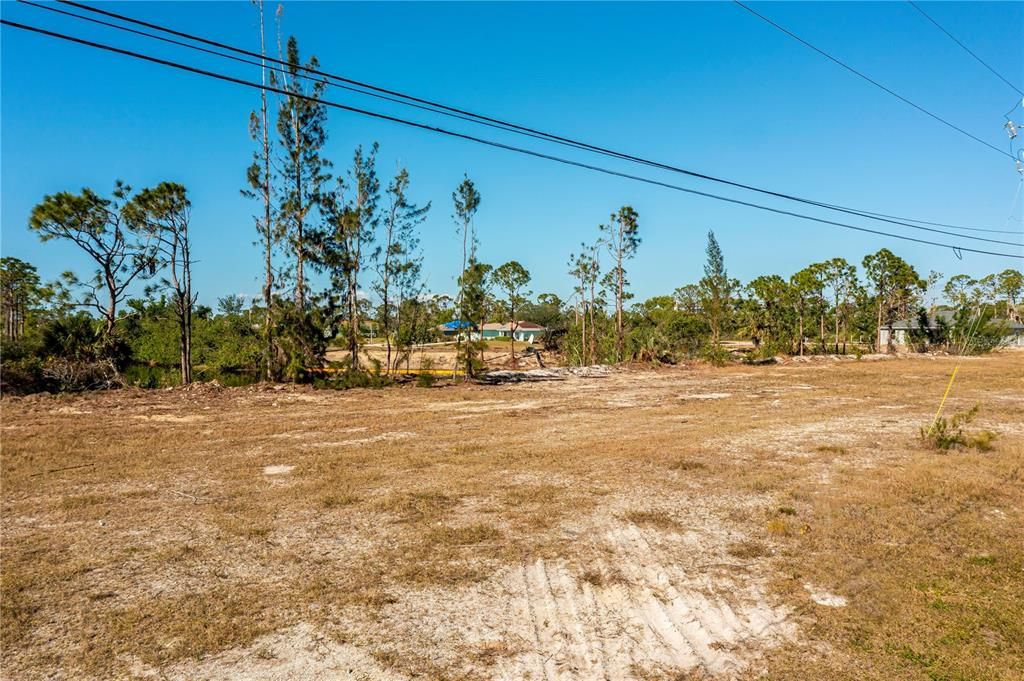 Looking at the lot from the road toward the back and canals.