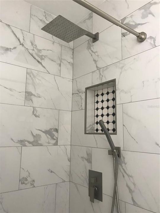 Guest bathroom features a rain shower and hand held wand.