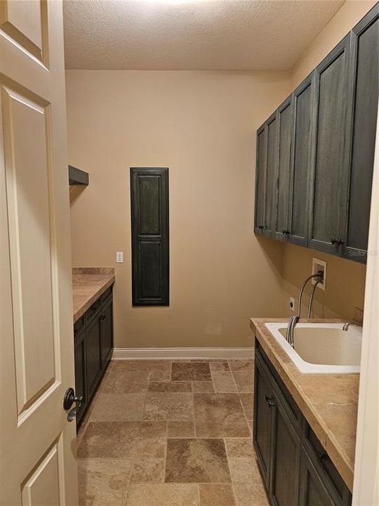 Laundry room with lots of cabinets, hanging space, iron board, utility sink