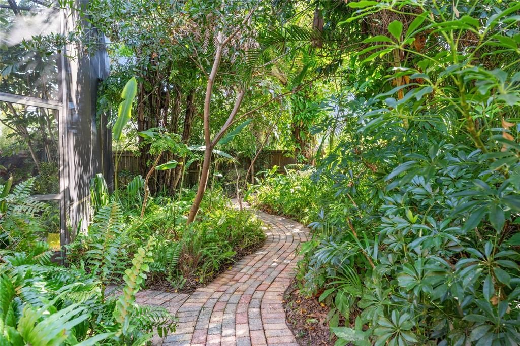 Winding brick path through lush native landscaping