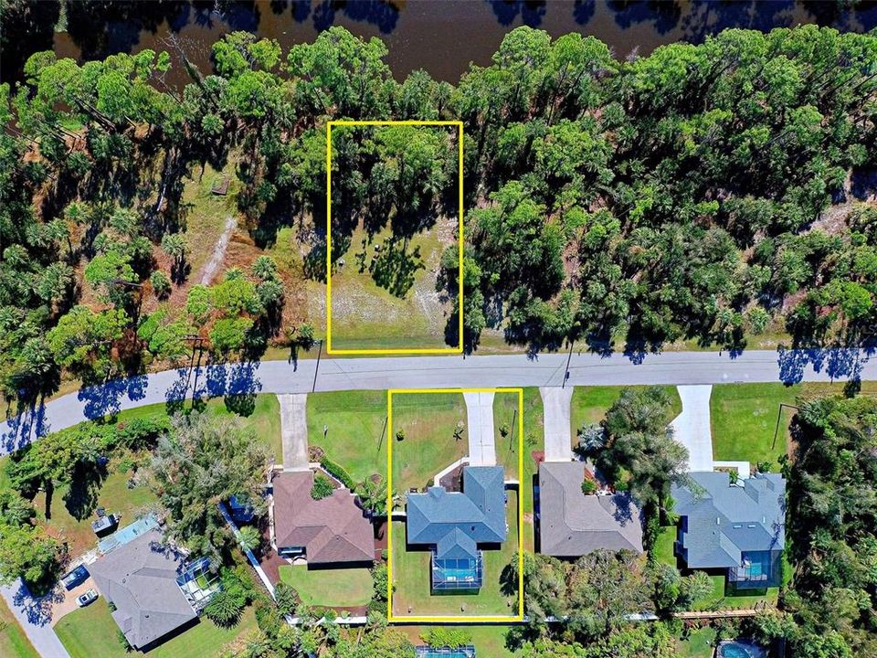 An aerial view of the house and the lot.