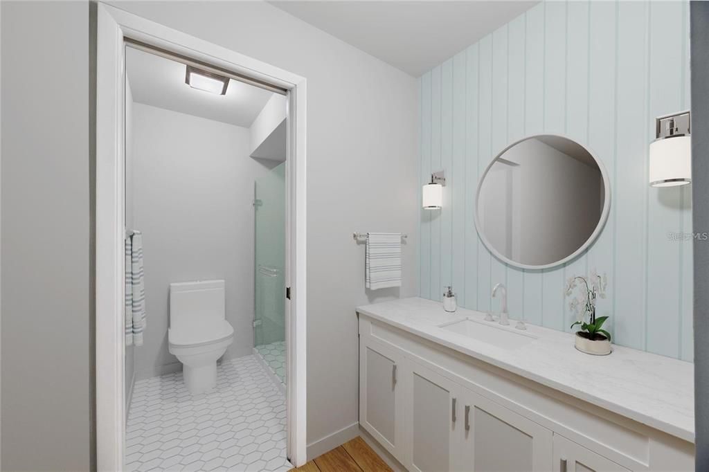 virtually renovated primary bathroom