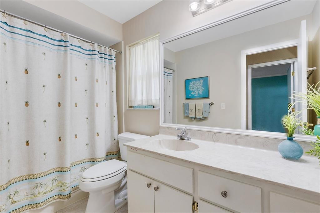 Hall bath with updated lighting & shower/tub combo~