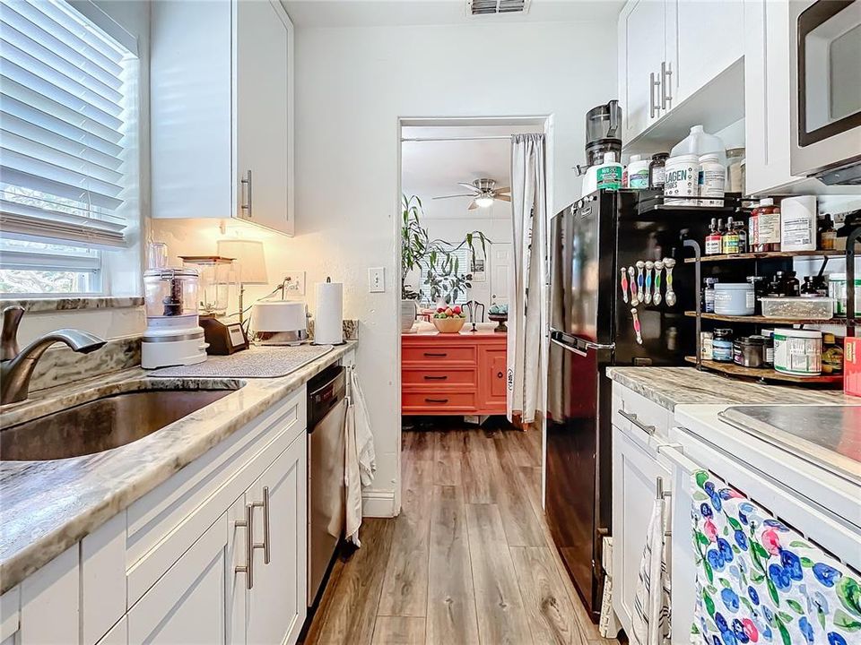 Cottage kitchen, view toward living area