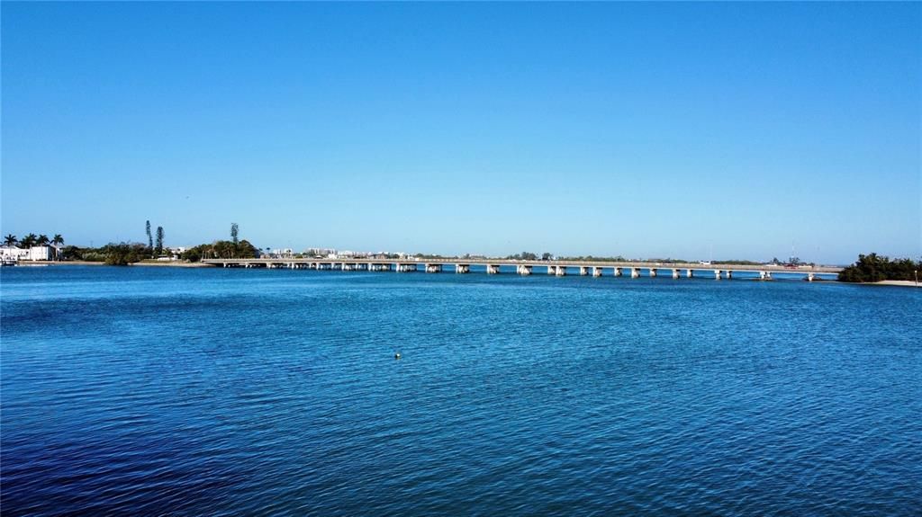 North facing view, 120 feet width of property with big water access directly to Sarasota Bay and Intercoastal Waterway and the Gulf of Mexico.