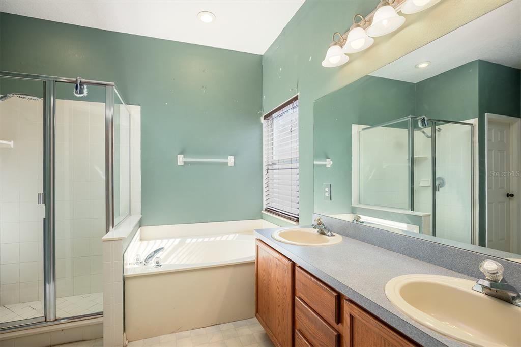 walk in shower, garden tub, double sinks and a separate W/C