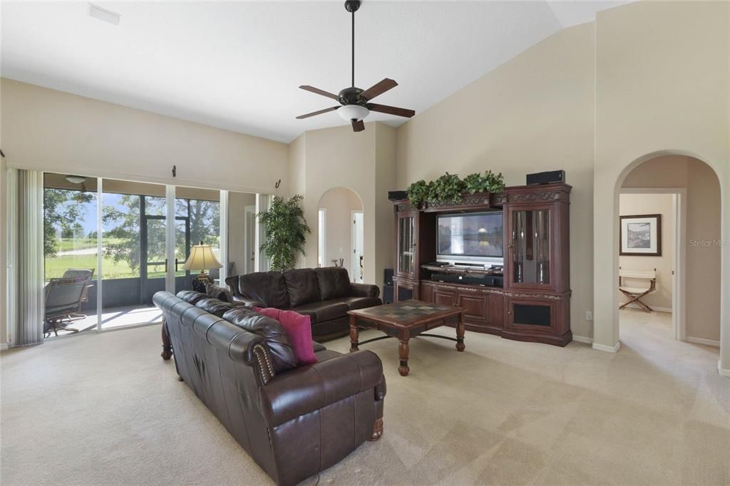 Large living room and vaulted ceilings and golf course views