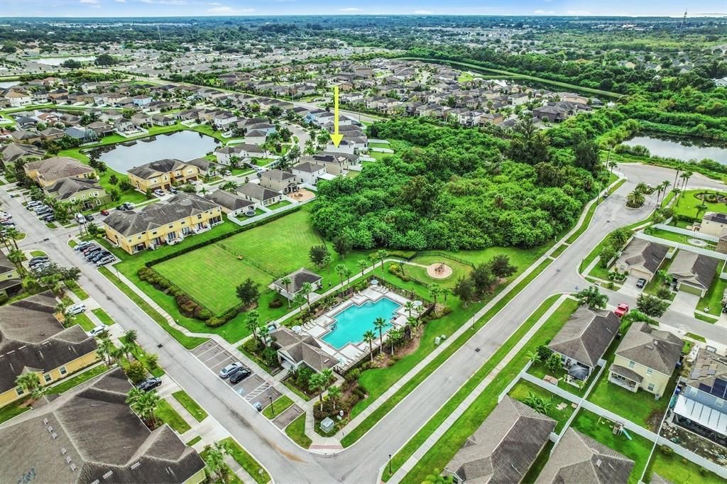 Arial View of home and Pool #1.  Virtually staged.