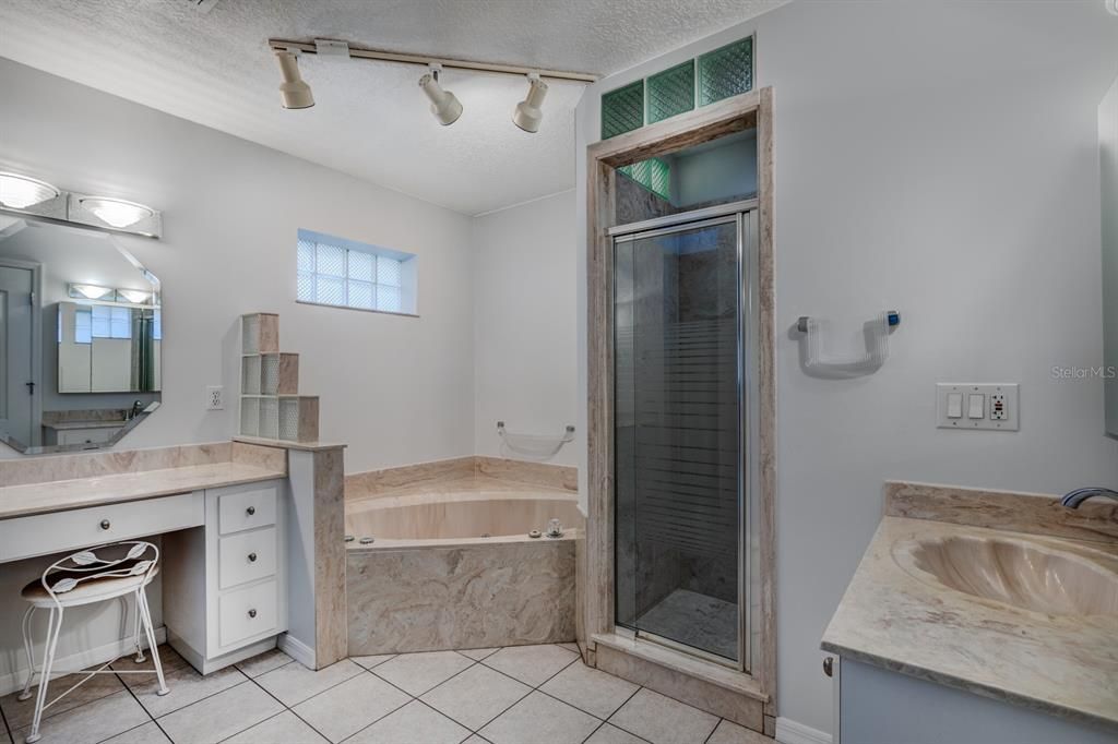 Primary bathroom with jetted tub, shower and vanity area