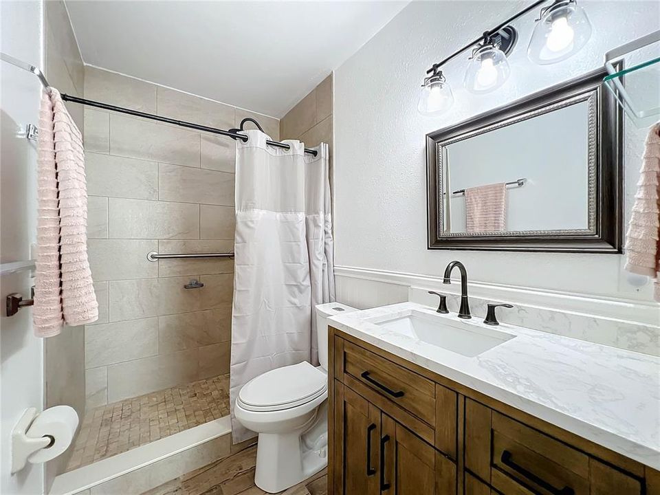 Guest bathroom, updated shower with grab bars for safety.