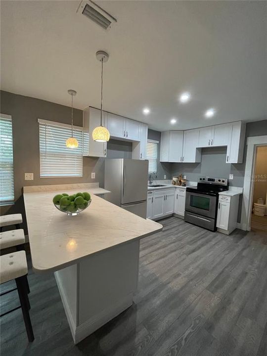 Newly renovated kitchen. Image is virtually staged.