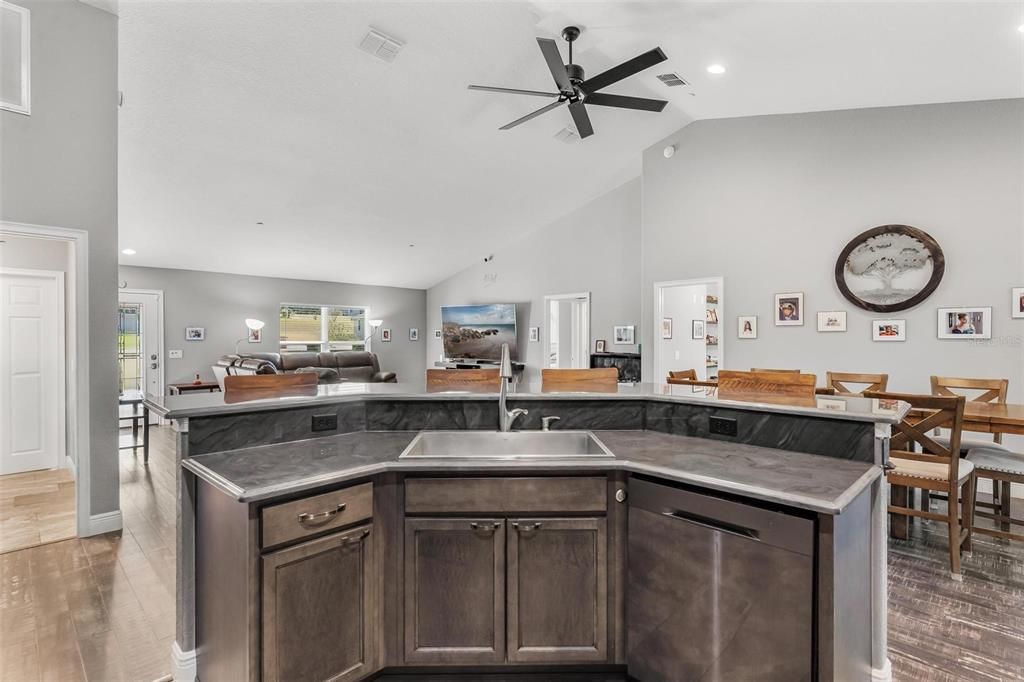 Kitchen overlooking Living and Dining Area