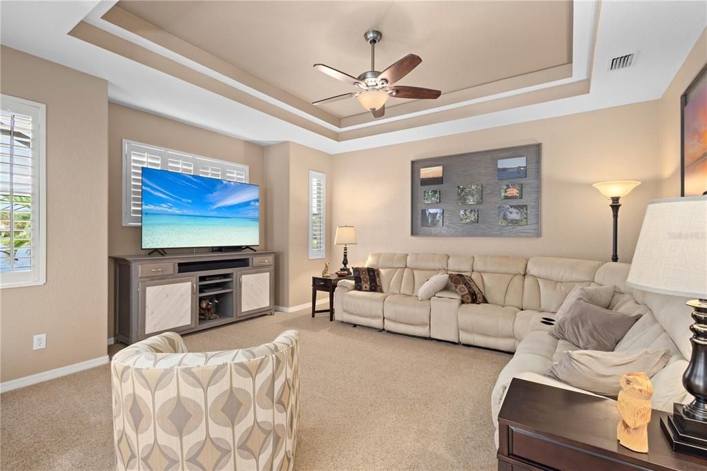 Tray ceiling in the family room with built-in wall art