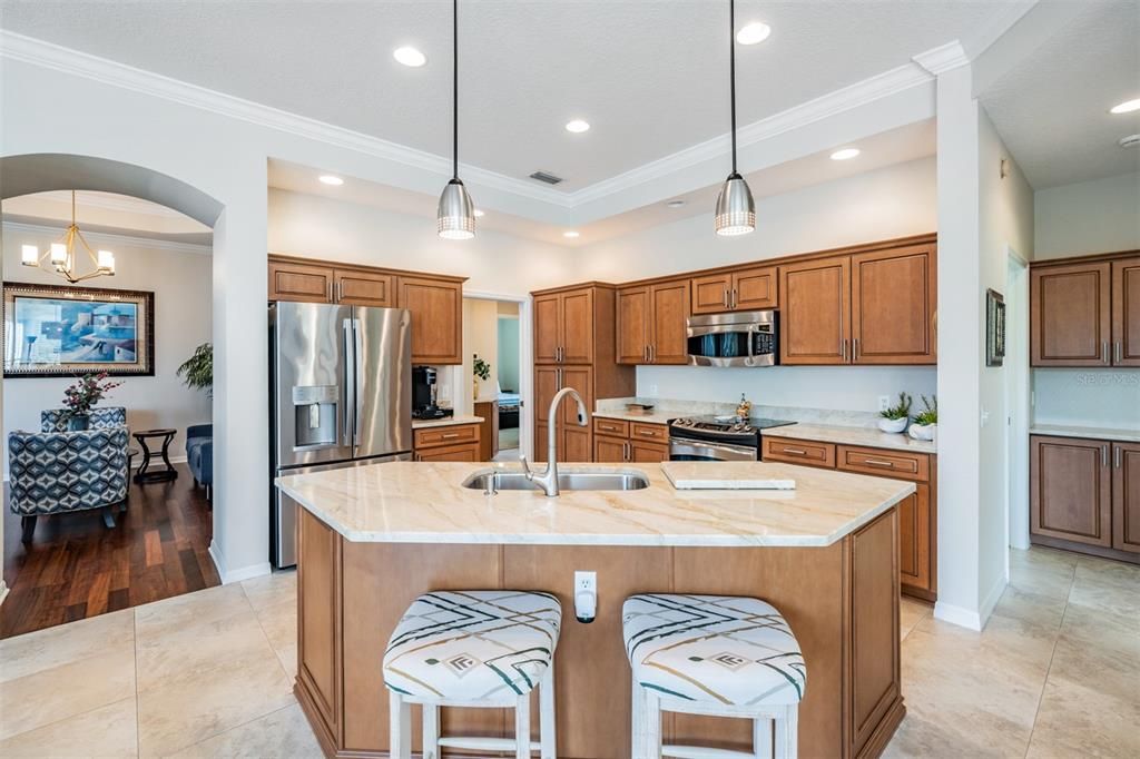 Updated Kitchen - New Cabinets, New Quartzite, Stainless Steel Appliances, Crown Molding and Drop Down Lights.