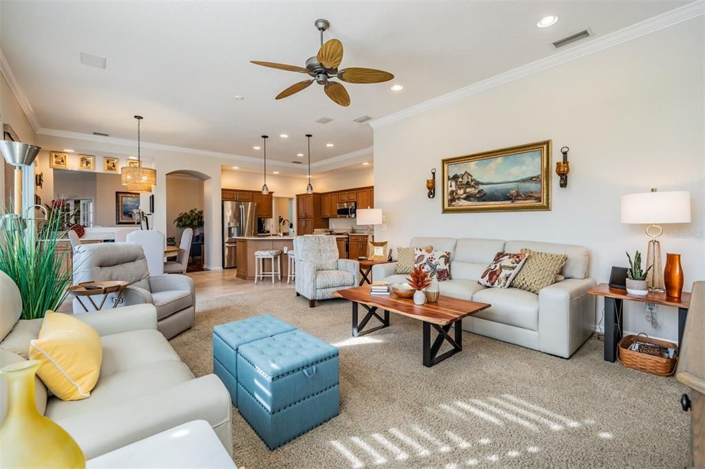 Open and Spacious Family Room, Inset lighting, ceiling fan and plantation shutters.