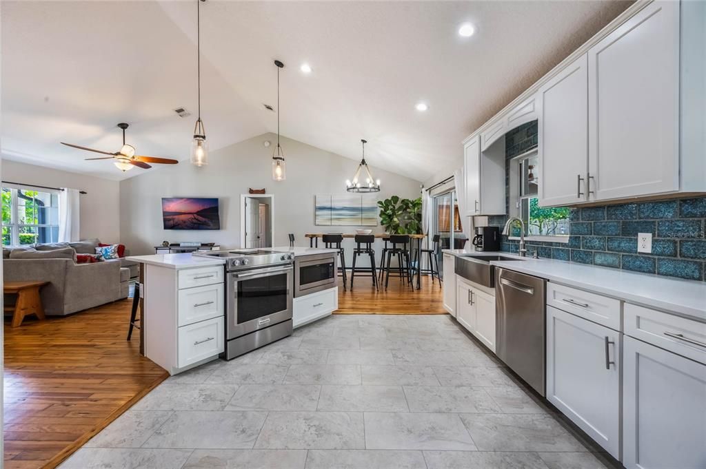 Kitchen View to Living and Dining