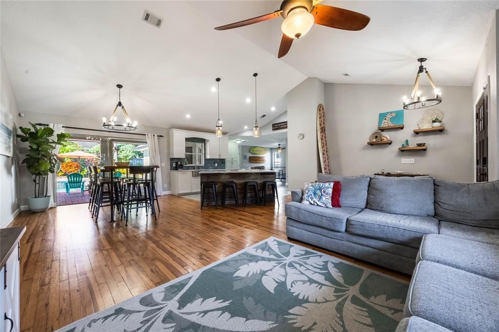 Living Room View to Dining and Kitchen