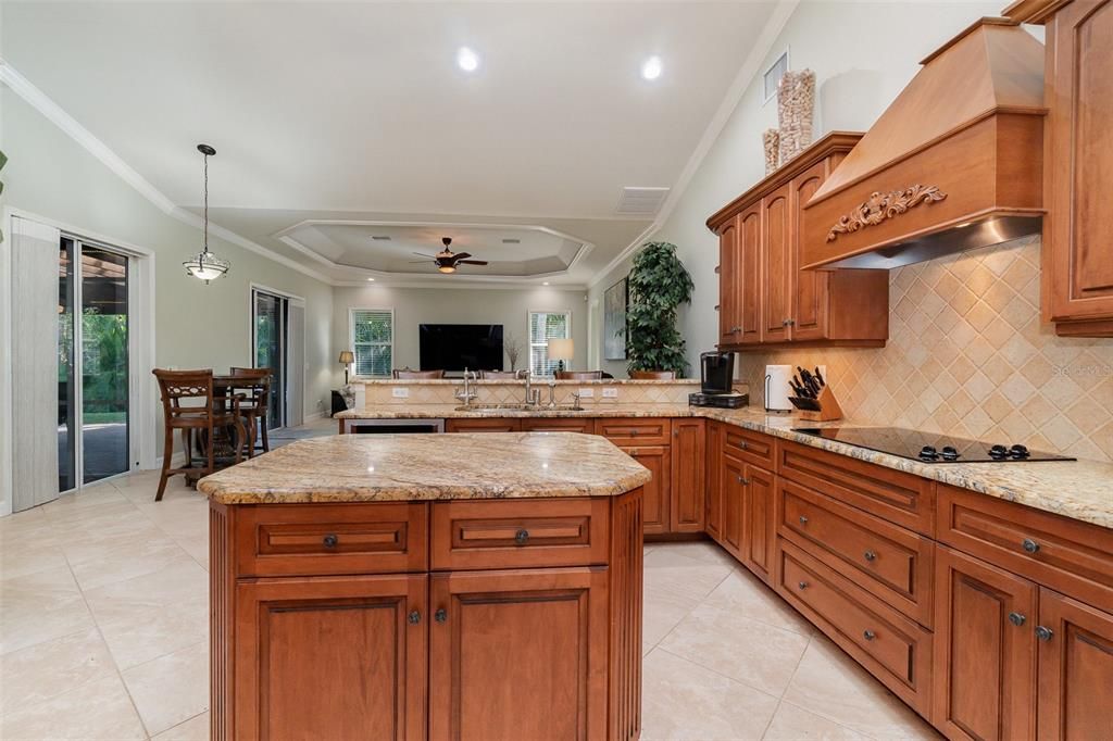 Kitchen with stone countertops and wood cabinets