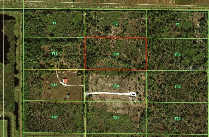 Property outlined in red showing neighboring wooded parcels and the water source just 660 feet west of property.  Game pursue the water and the treed areas for privacy and food sources.