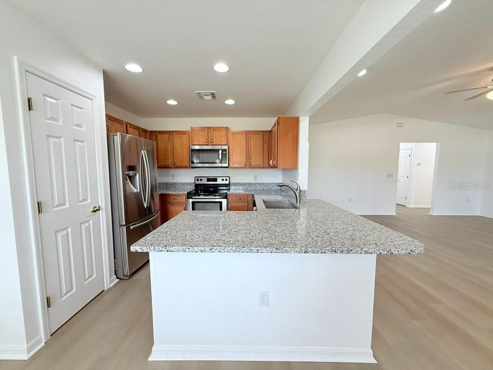 Remodeled Kitchen, stainless steel appliances and granite counter-tops, closet pantry.